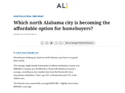 North Alabama homebuyers may find the best value by expanding their search beyond Huntsville and Athens, where average prices have become nearly identical. Decatur remains a more affordable option as rising inventory, a balanced market, and lower mortgage